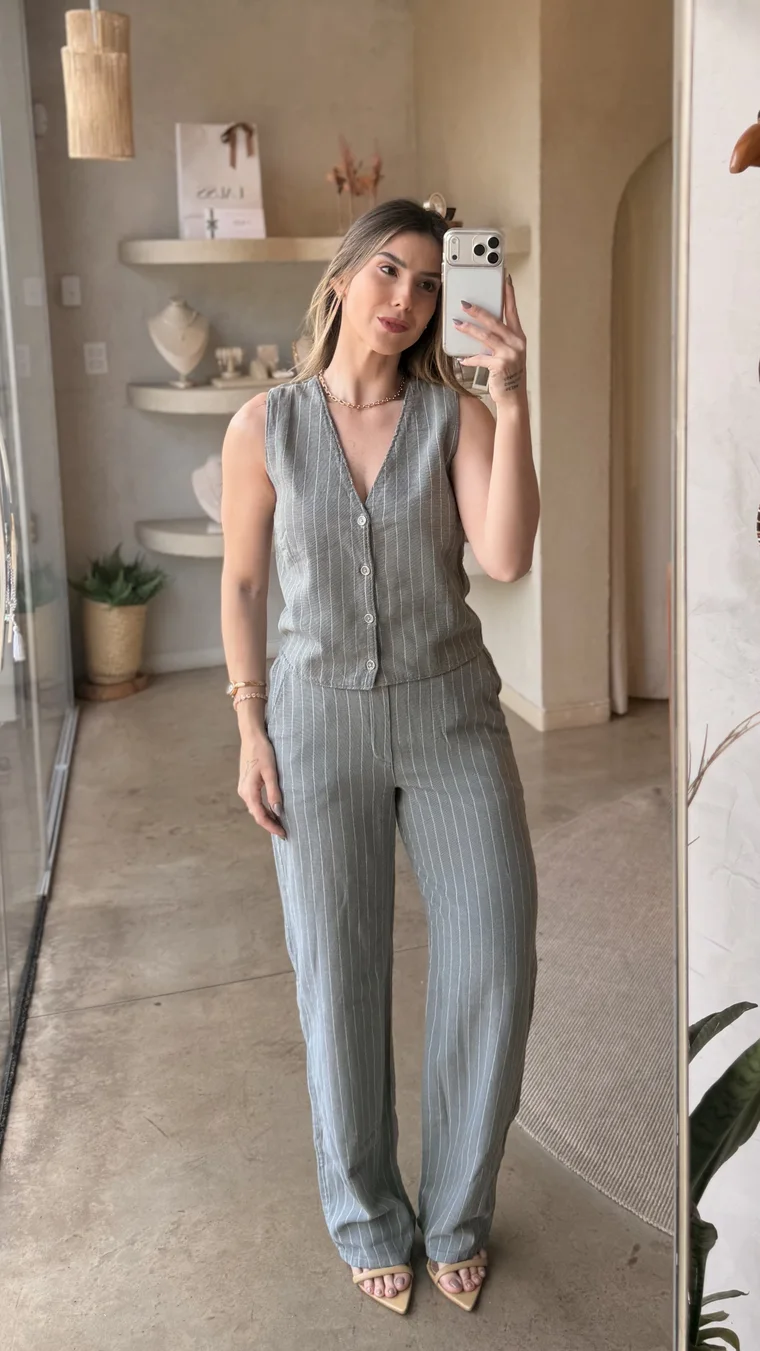 Ana Laura de colete e calça de risca de giz cinza